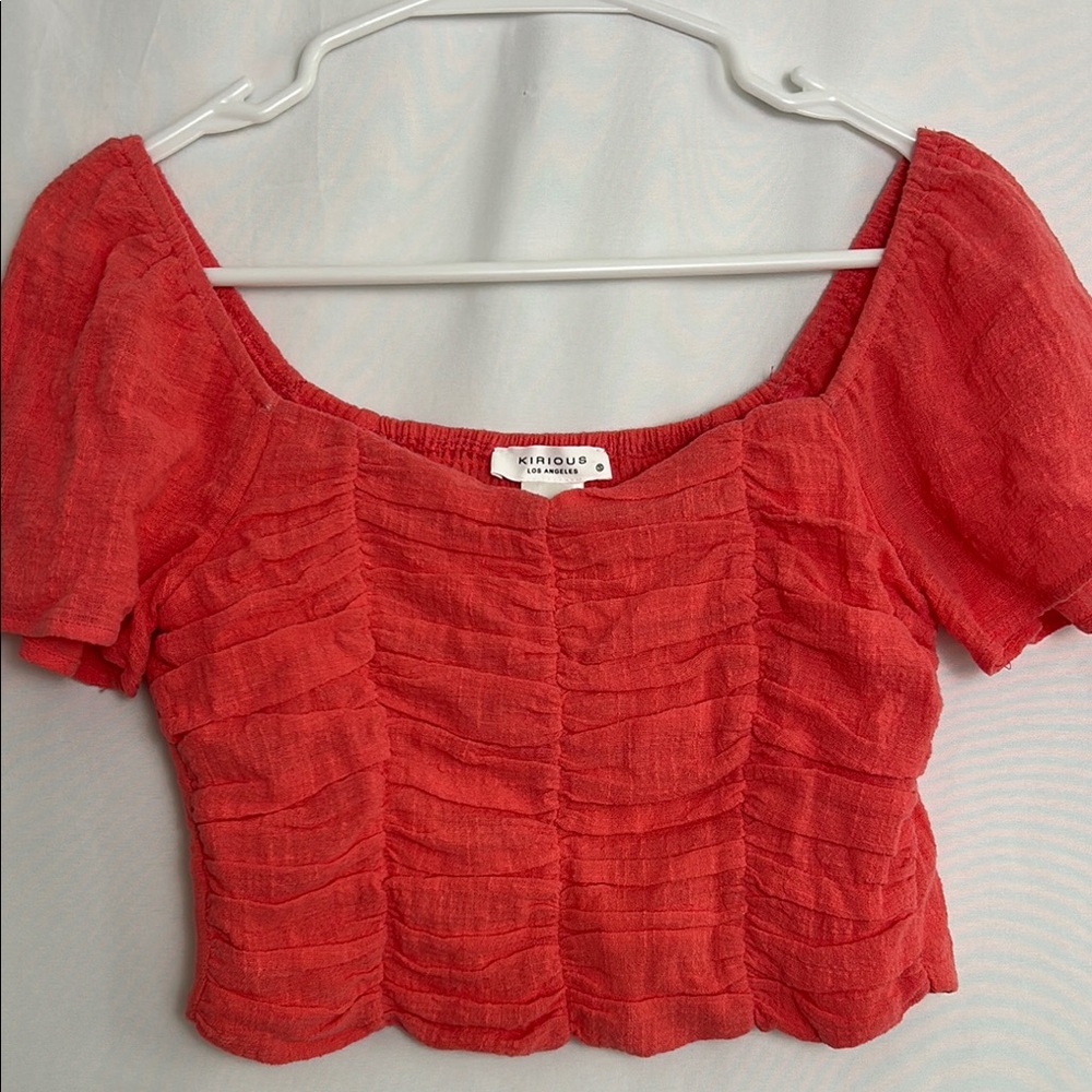 Red Ruched Crop Blouse with Square Neckline 0067